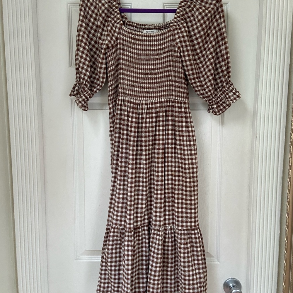 Madewell Brown Plaid Peasant Sleeve Dress